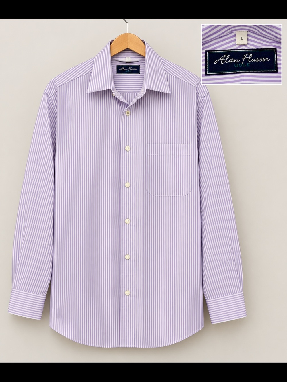 Alan Flusser Golf Purple White Striped Button Up Shirt Hidden Collar Men's L